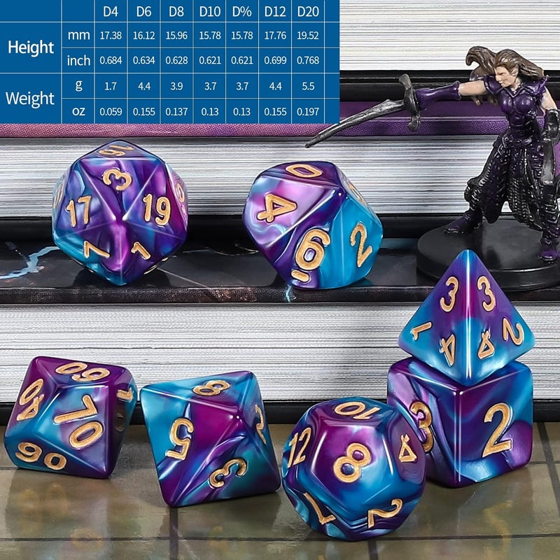 CiaraQ مجموعة نرد متعددة الأوجه لـ DND لألعاب الطاولة Dungeons and Dragons RPG MTG - مع 1 حقيبة نرد (أزرق وبنفسجي) - Image 3